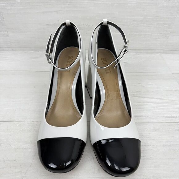 Schutz Size 8.5 B Dorothy High Block Heels Patent Leather Black White W/ FLAW - Picture 2 of 12